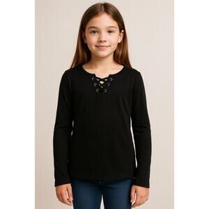 The Children’s Place Lace-Up Long Sleeve Top Girls 10/12 Black Casual Tee